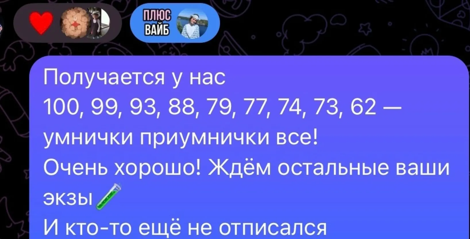 Сообщение преподавателя со списком итоговых баллов группы: 100, 99, 93, 88, 79, 77, 74, 73, 62