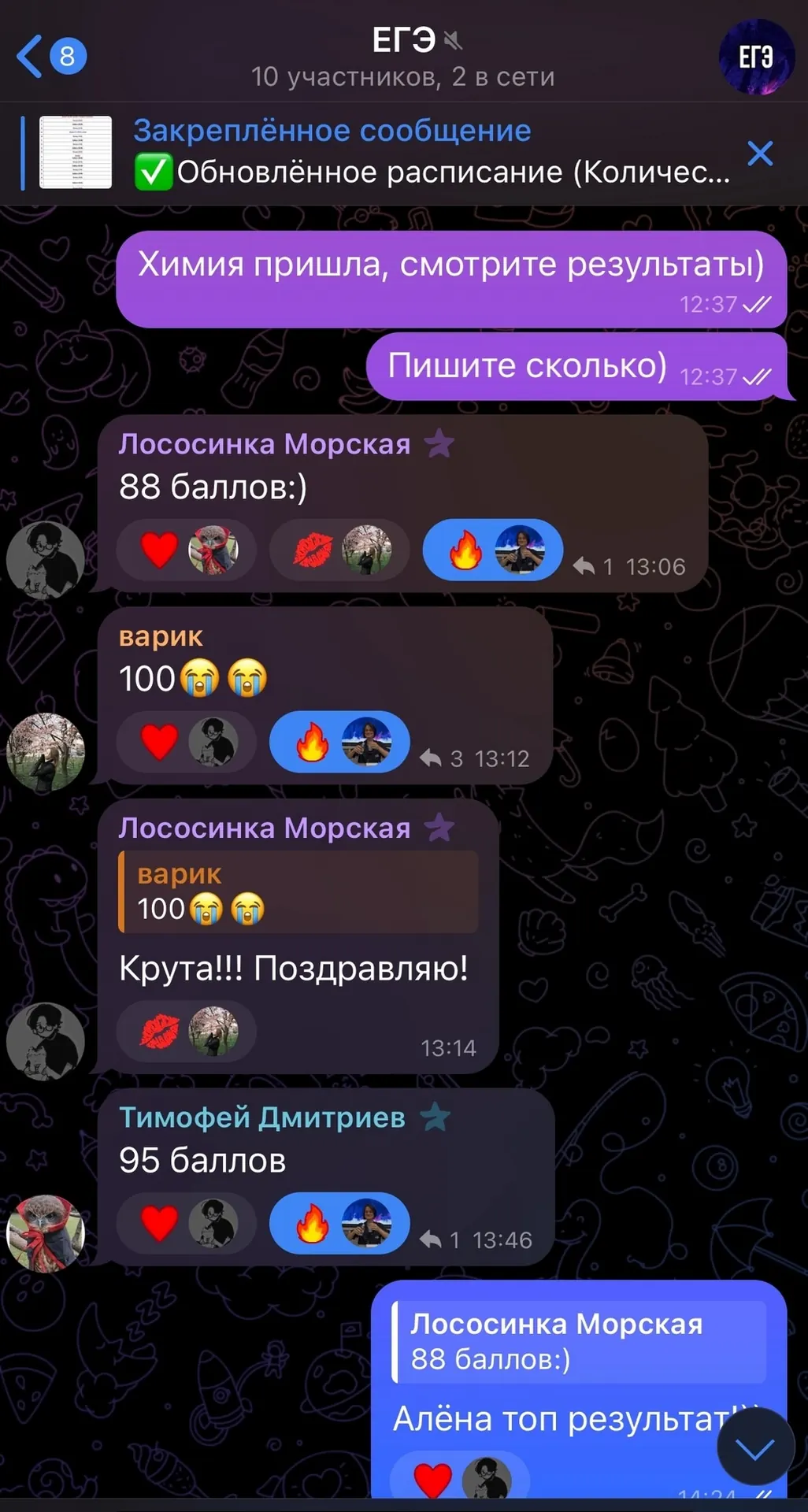 Чат курса: ученики присылают свои баллы за ЕГЭ по химии — 88, 100, 95