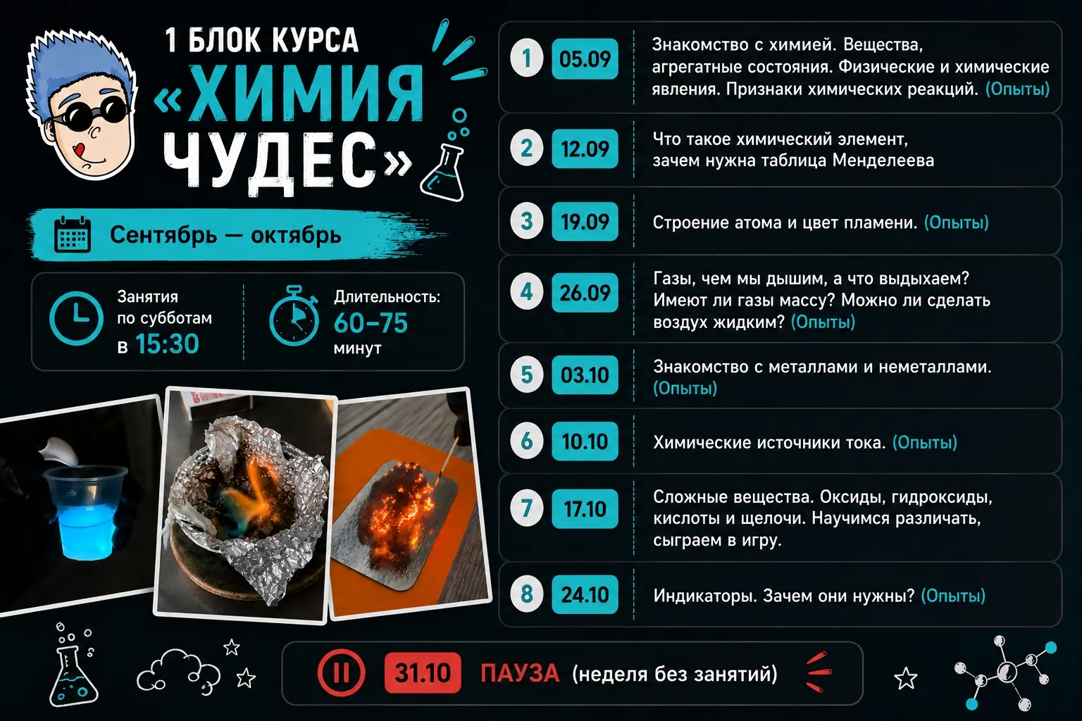 Расписание первого блока курса «Химия Чудес»: восемь занятий по субботам в 15:30 с 5 сентября по 24 октября 2026, длительность 60–75 минут, у каждого указана тема, 31 октября — неделя паузы