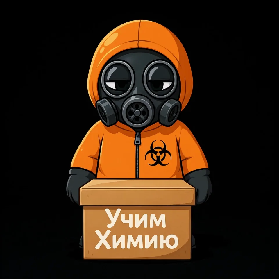 Маскот «Учим Химию» в оранжевом костюме химзащиты выносит коробку с набором для опытов и открывает её